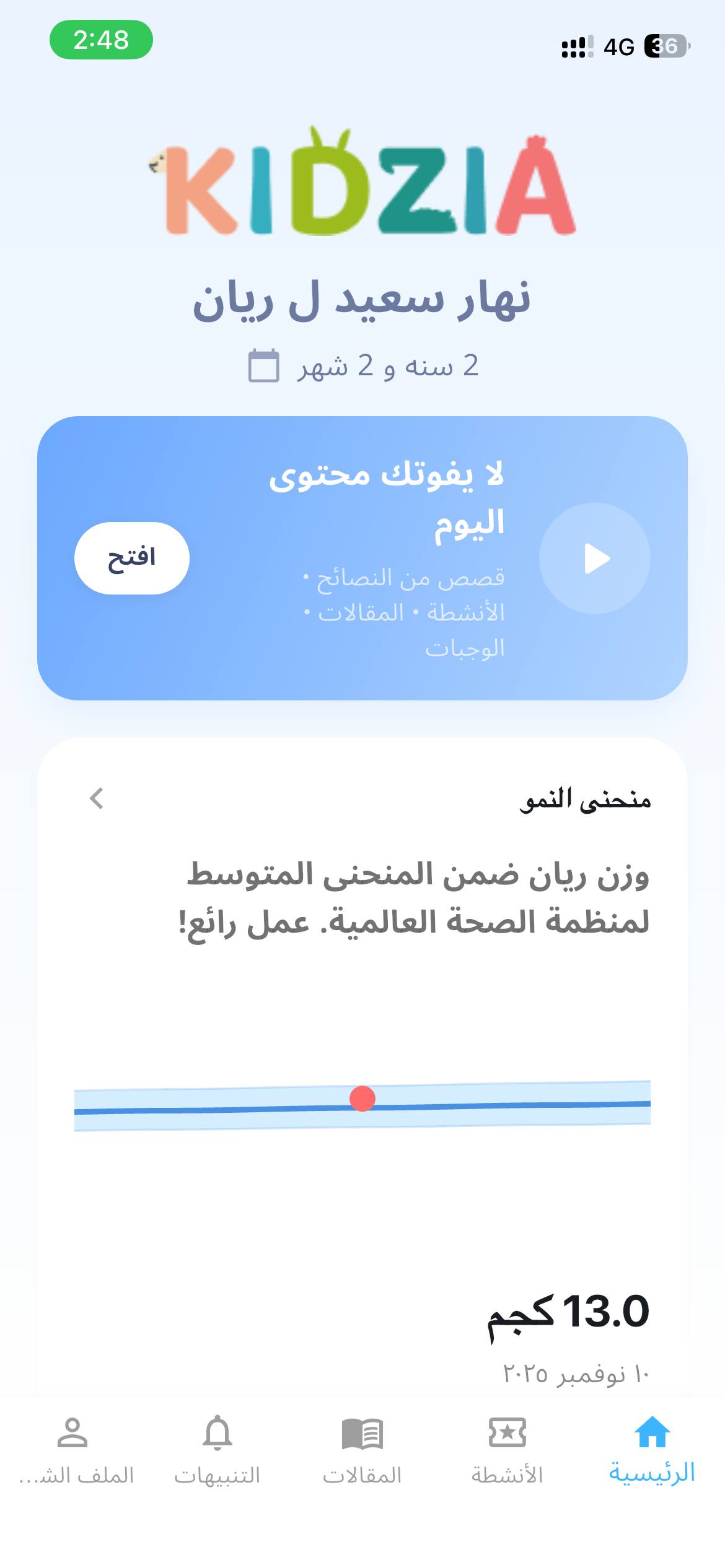 Kidzia App Home Screen showing growth tracking dashboard with WHO-aligned weight charts